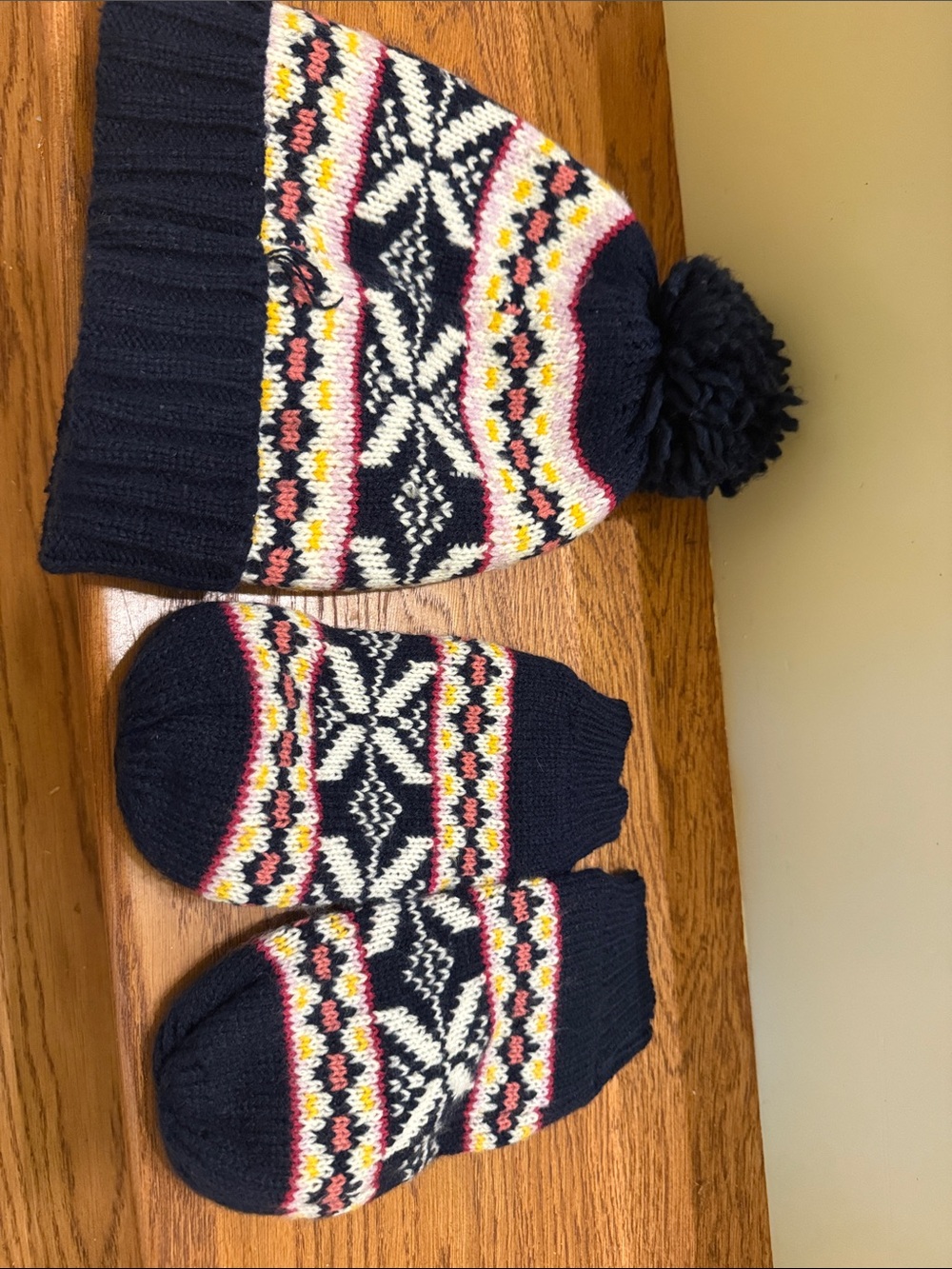 Kids Navy Fair Isle Pom Beanie and Mittens Set